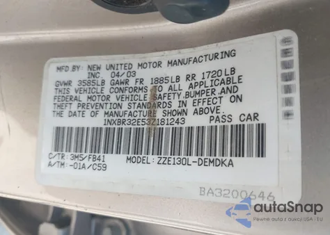 2003 Toyota Corolla Ce z USA, uszkodzony, nr VIN 1NXBR32E53Z181243